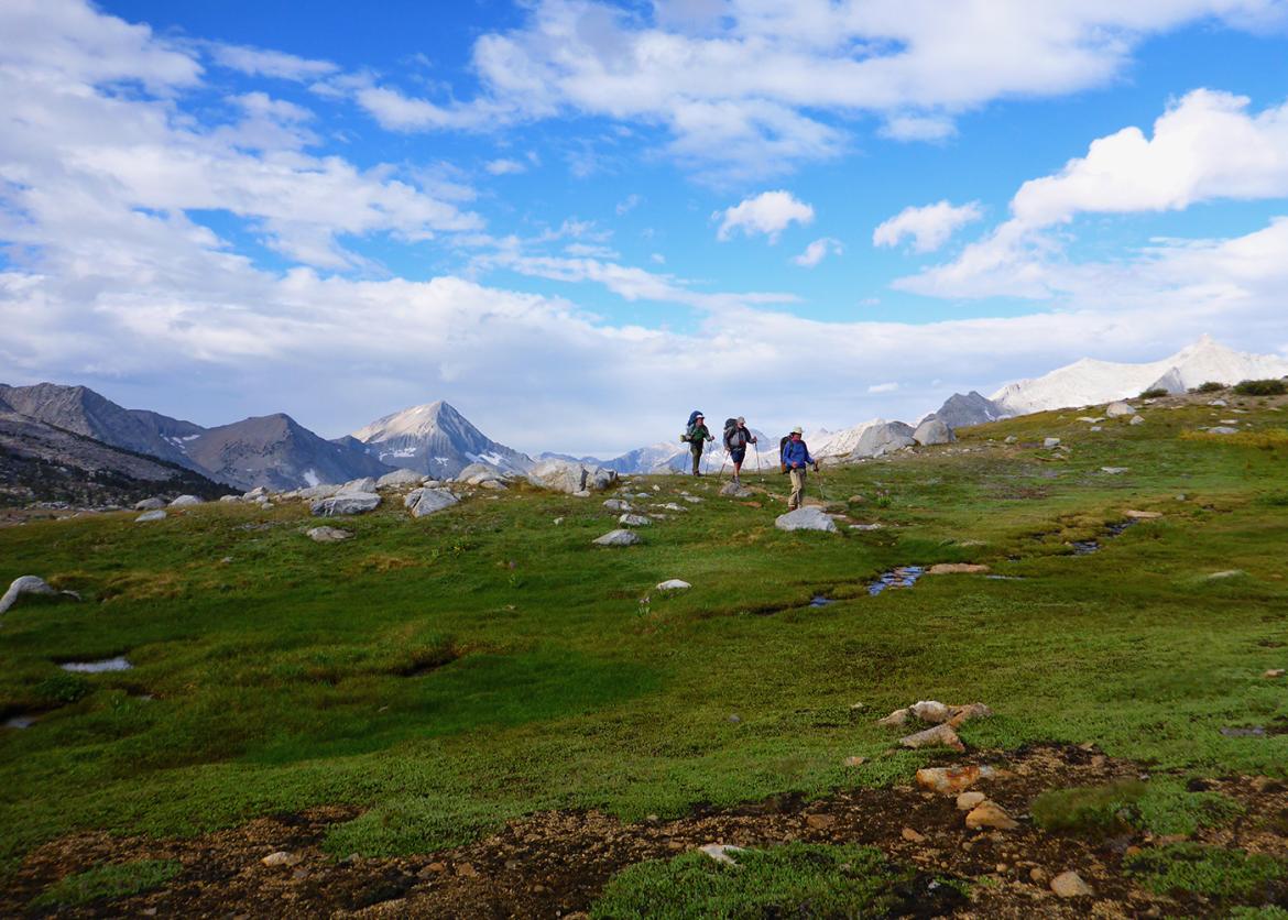 Trip participants hiking a beautiful mountain trail