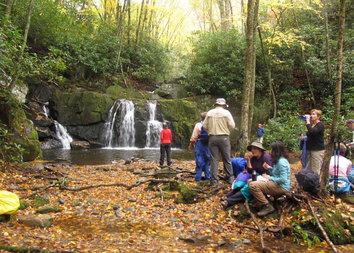 A group of people resting and hydrating themselves by the stream and waterfall