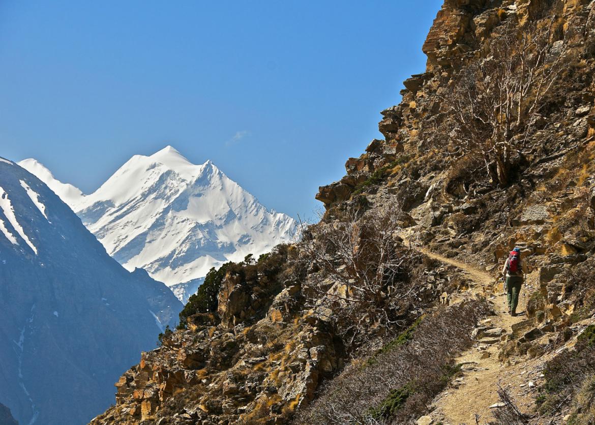 A hiker walks on a mountain trail.  Snowy moutain peaks are within view in the distance.