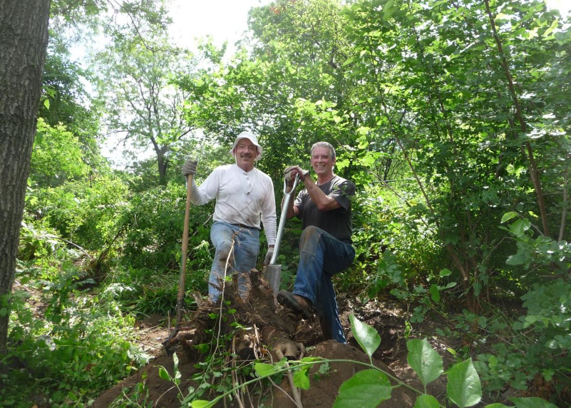 Two grinning men with shovels surrounded by sunlight dappled greenery.