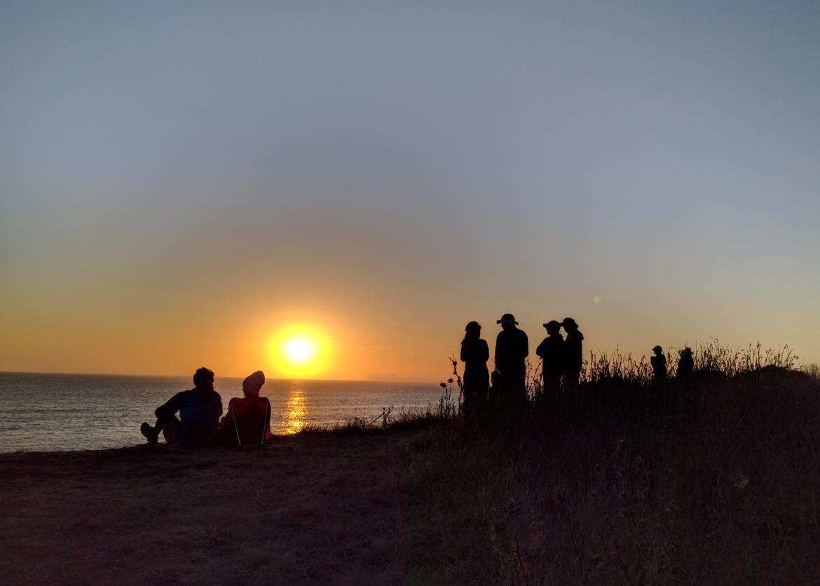 The silhouette of people sitting and standing, watching the sunset.