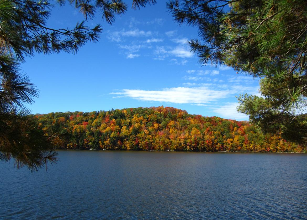A clear lake with orange, yellow, and red trees behind.