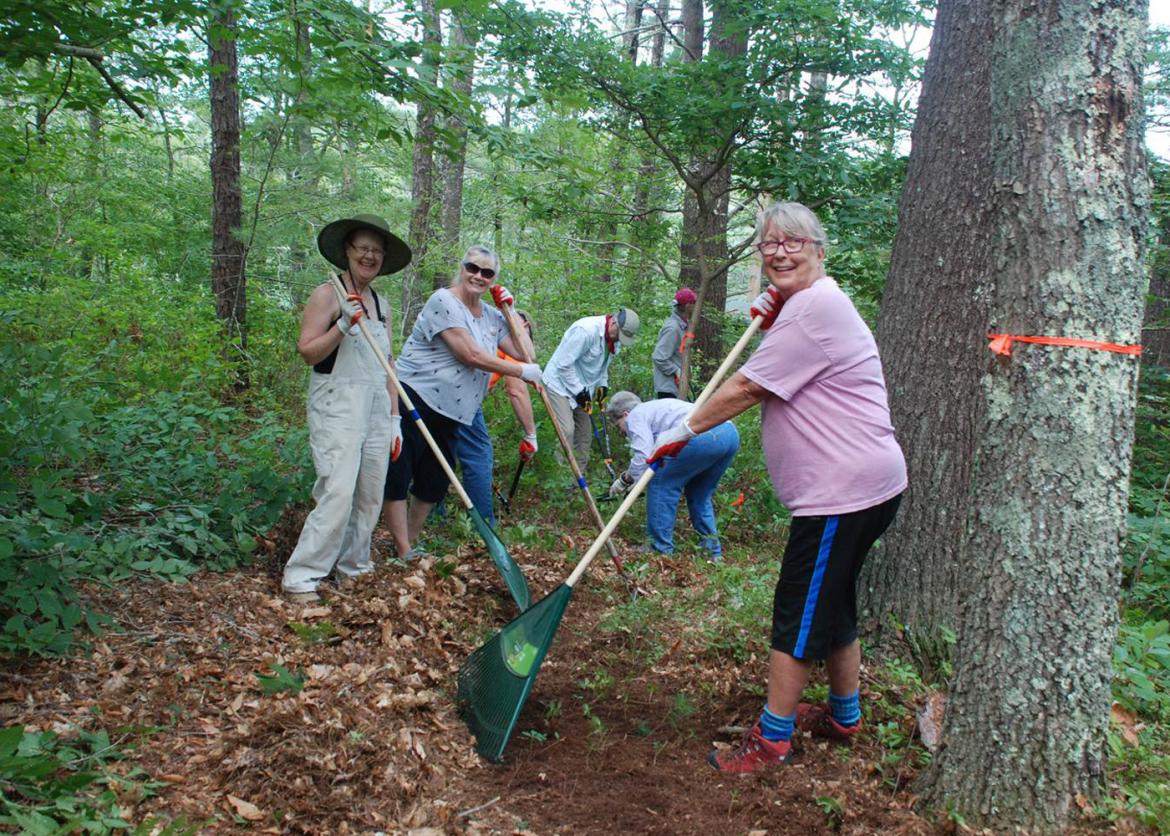 A group of people digging and smiling in the woods.