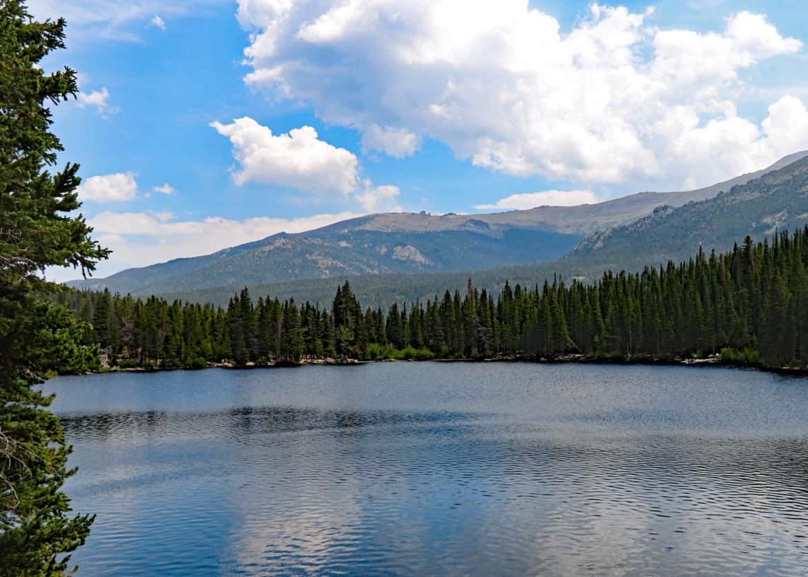 A clear lake surrounded by trees and mountains in the back.