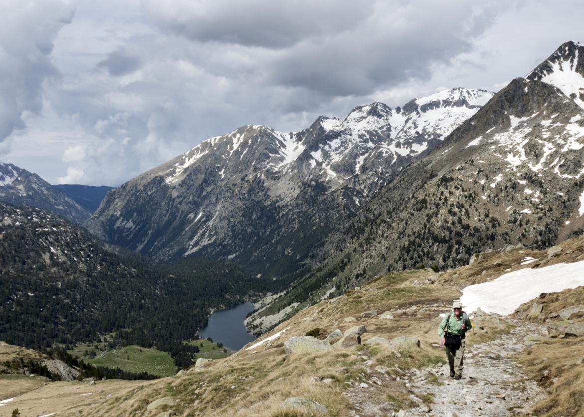 A hiker walks on a slope in front of snowy mountains, forest, and a lake.