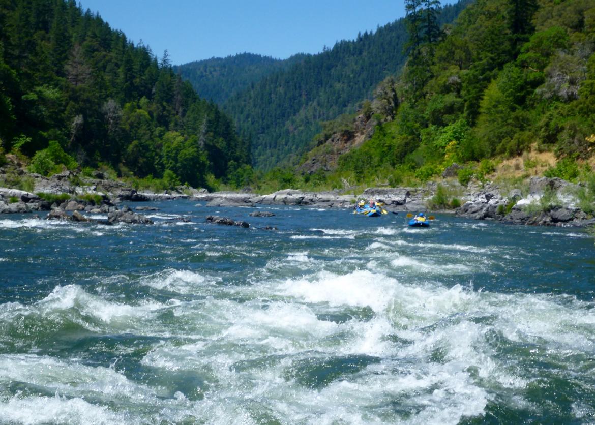 People in individual inflatable boats paddle on a river with white rapids.