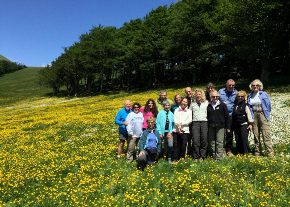 Fifteen smiling people pose in a field of yellow and white wildflowers.