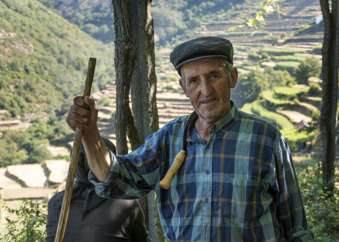An older man wearing a flat cap and plaid shirt. He clasps a hand on a wood pole. A metal farm tool with a wooden handle is looped around his neck.  Someone behind him looks out over terraced fields.