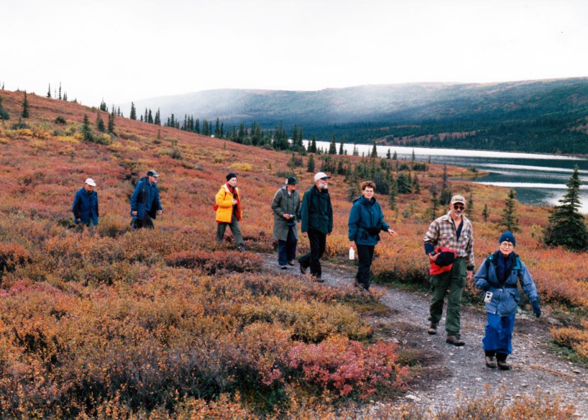 Participants in outdoor gear walk single file on a trail through autumn colored brush.
