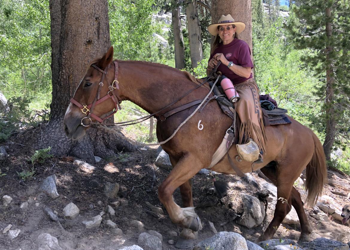 A woman in a cowboy hat, riding a horse up the rocky trail