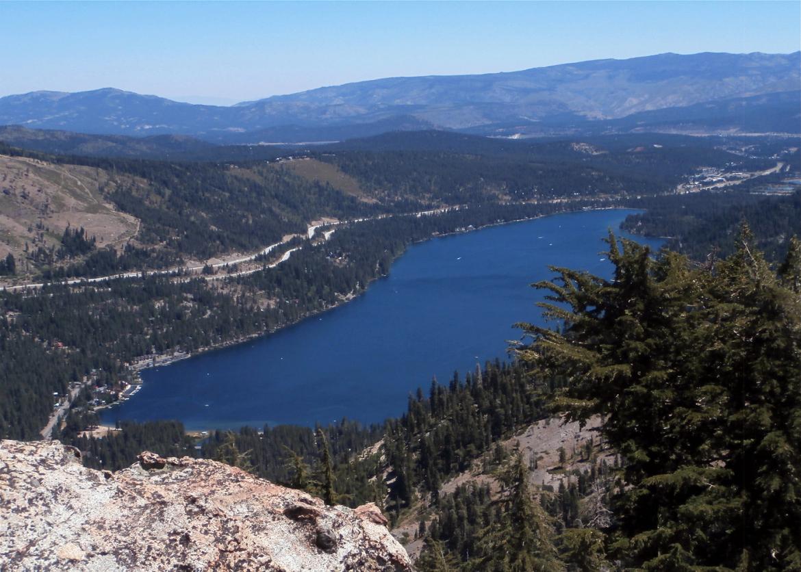 An unobstructed view of Donner Lake, looking down a great distance