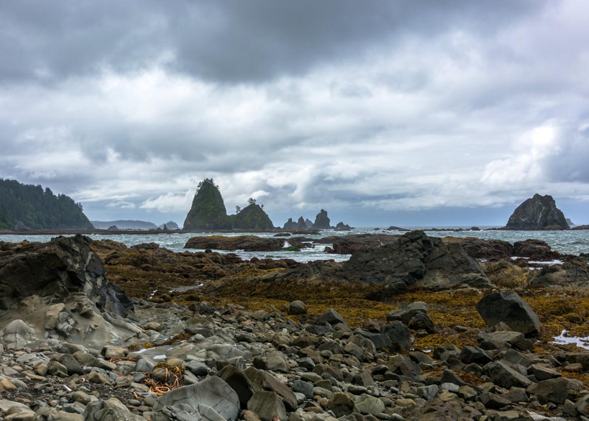 A view of a rocky shore on a cloudy day.