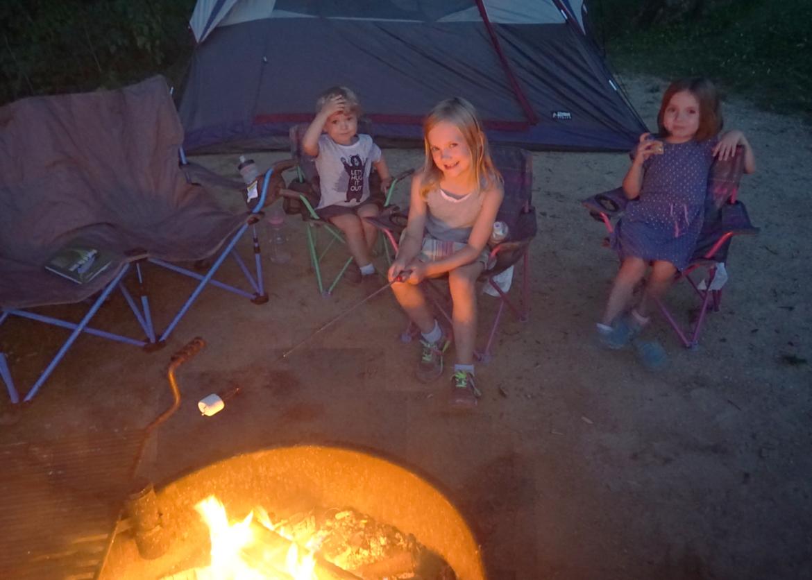 Three children surrounding the campfire, one holding a marshmallow towards the fire.