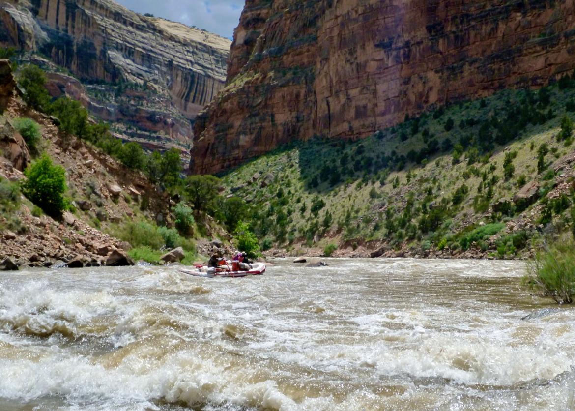 A shot of a group rafting with the mountains behind them