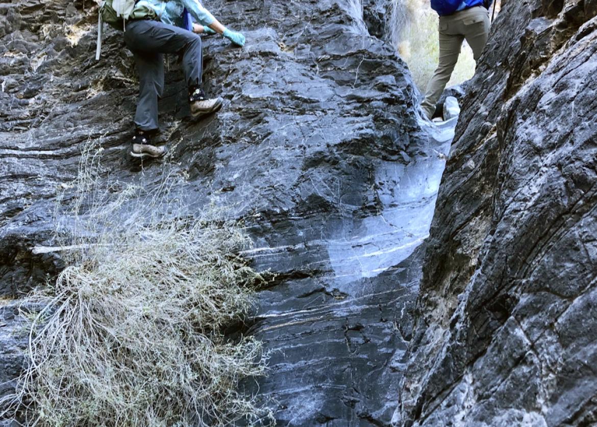 Two hikers climb the walls of a canyon.