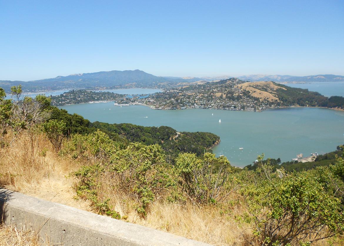 Sweeping vista of hills and blue ocean bay in Marin County, California.