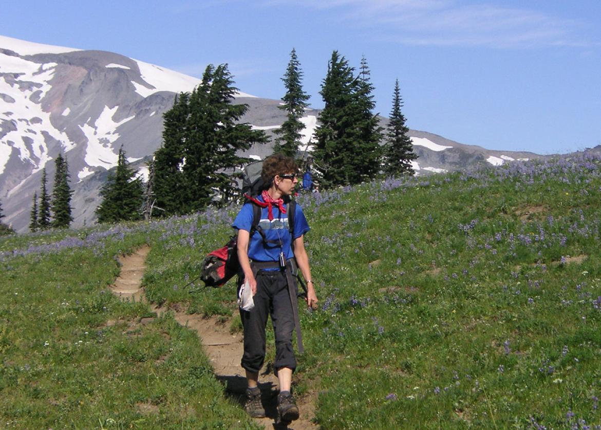 Woman along hiking trail on a green hillside, with evergreen trees and a snowcapped mountain in background