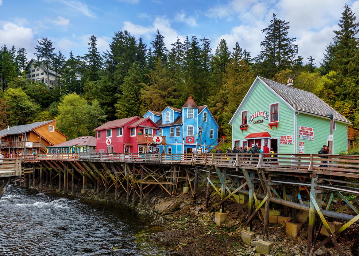 Colorful buildings by a river in Ketchikan, Alaska