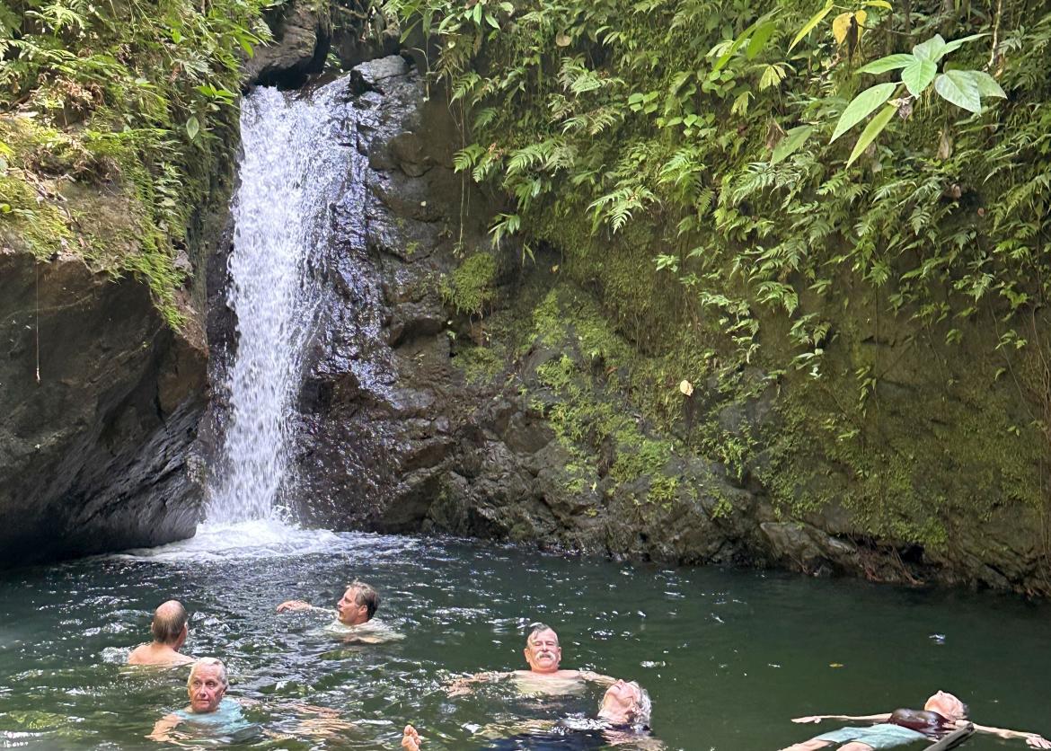 People floating in a pool with a waterfall.
