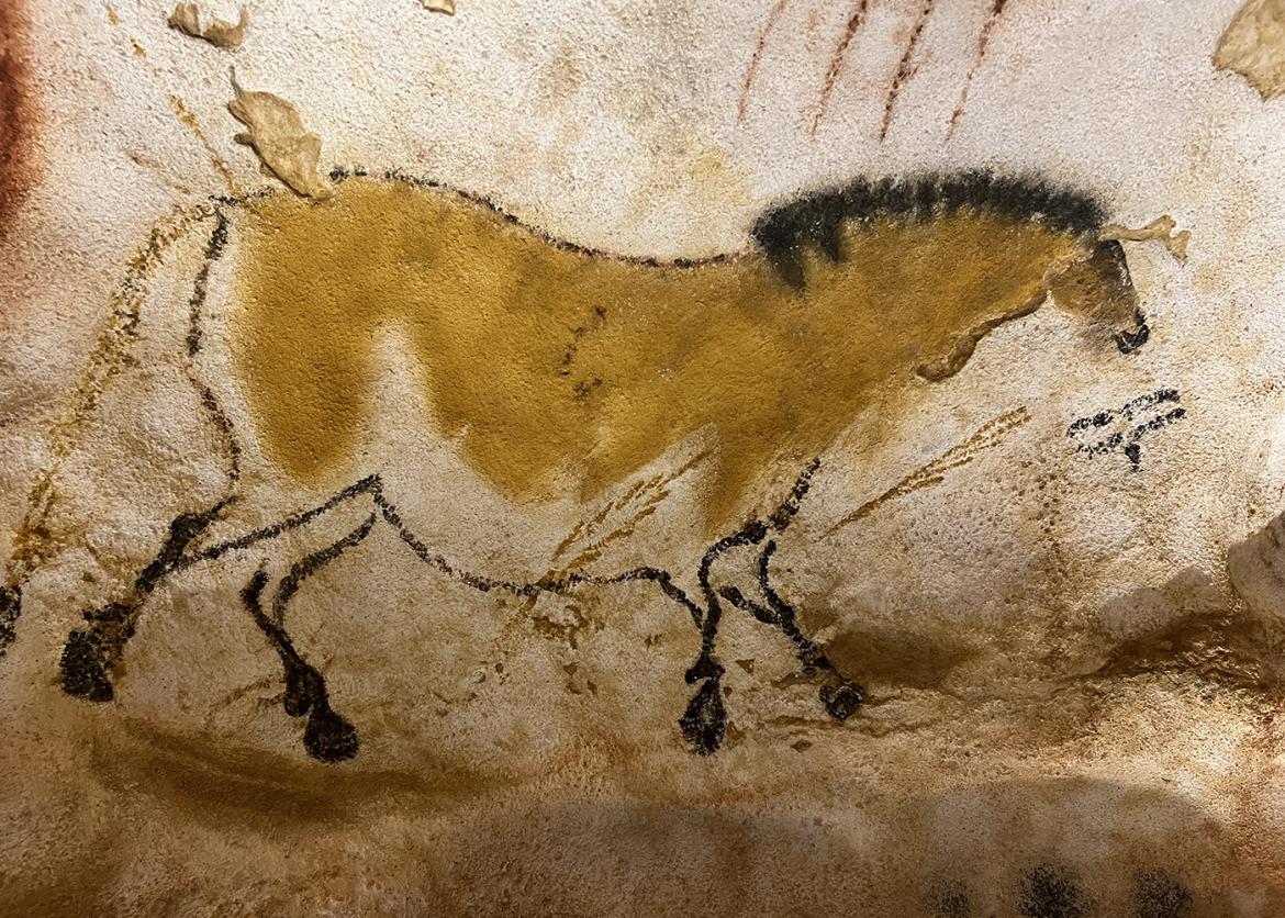A cave painting of a horse.