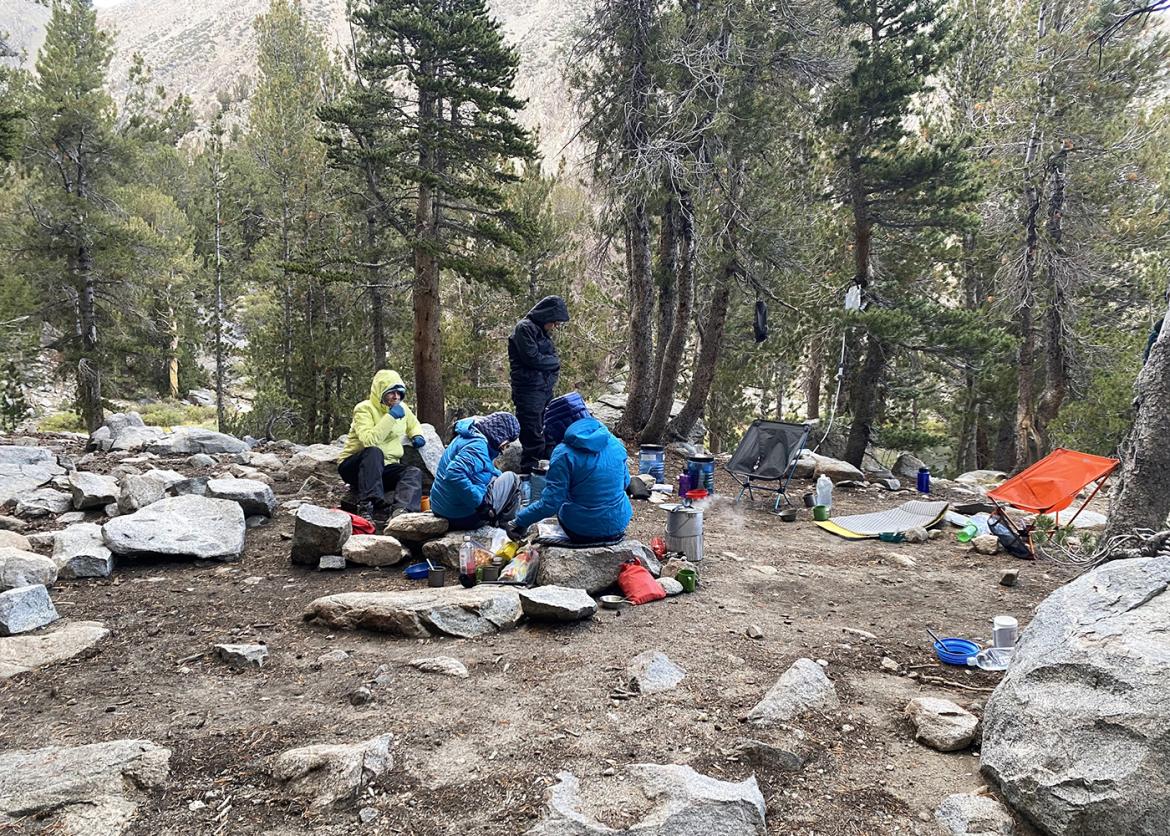Trip participants making camp in the Eastern Sierras, California
