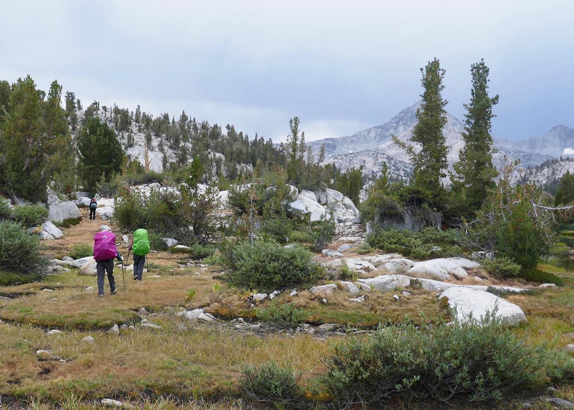 Hikers trekking in Sierra mountain scenery