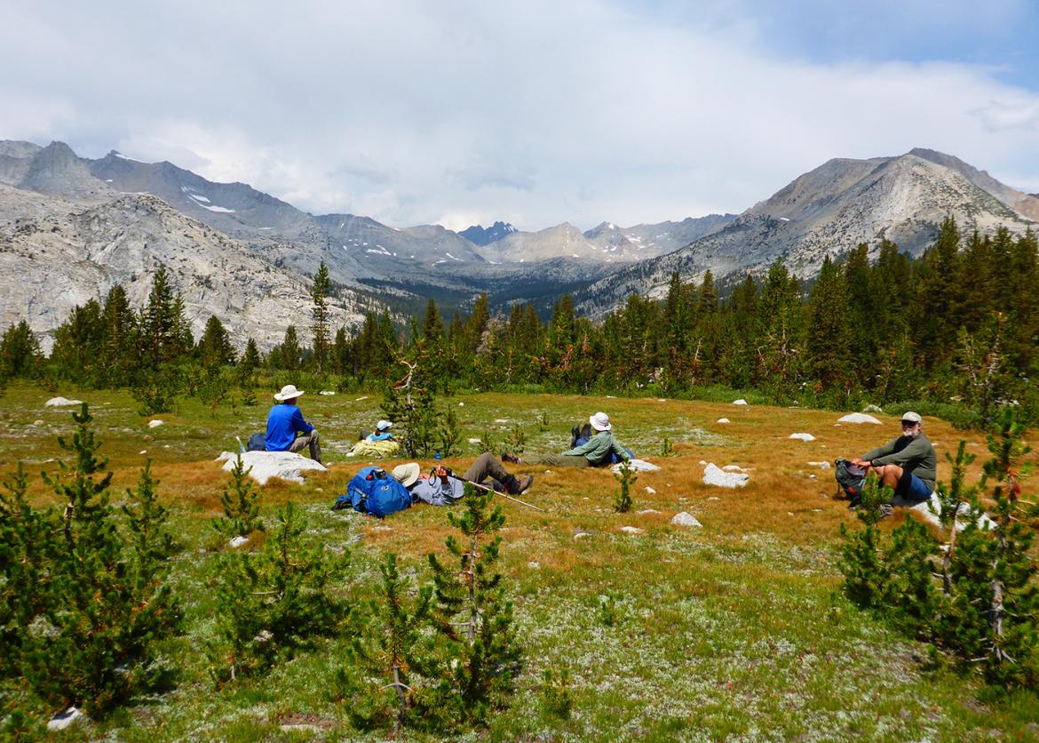 Trip participants taking a rest in a meadow surrounded by evergreen trees against a mountain backdrop