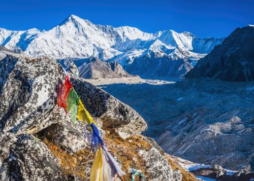 Prayer flags and Cho Oyu mountain, Nepal