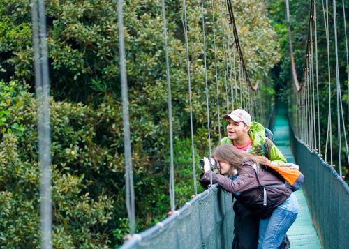 Two people on a suspended walking bridge in the middle of a lush Costa Rican forest