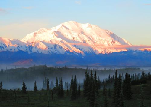 Mount Denali covered in bright snow reflecting the sunlight.