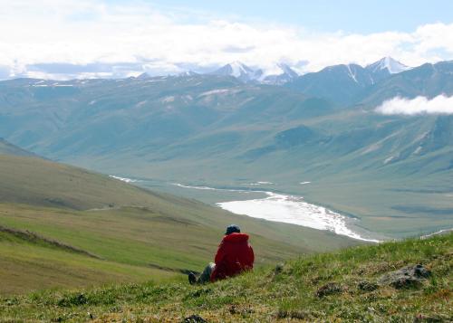 An individual sits on a scenic grassy hillside.