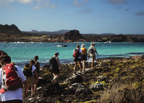 Group of hikers on an island in the Galapagos