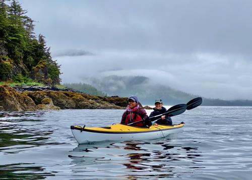 Two people in a double kayak float next to a forested coast on a foggy day.